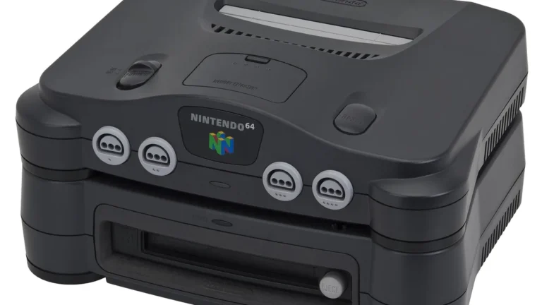 Nintendo 64 console with 64DD attachment, showing four controller ports and the colorful Nintendo 64 logo.