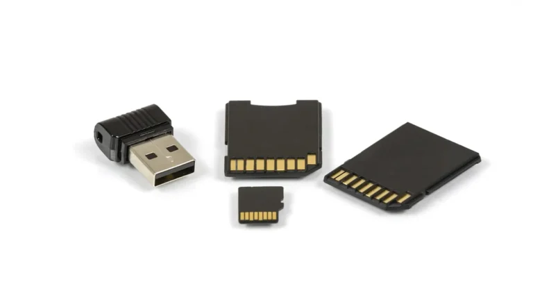 A black USB reader, a microSD card, and two SD card adapters on a clean white background.