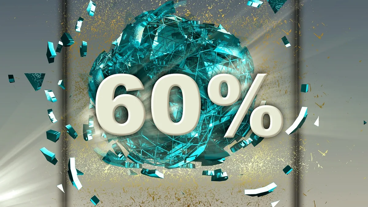 A large white '60%' displayed over a shattered teal sphere with golden sparkles and debris.