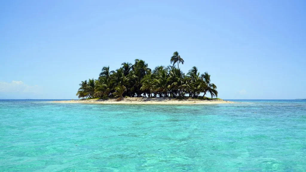 A small tropical island with lush palm trees surrounded by clear turquoise water under a bright blue sky.