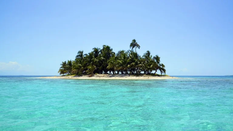A small tropical island with lush palm trees surrounded by clear turquoise water under a bright blue sky.