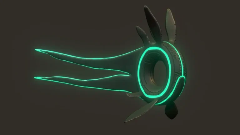 Glowing green sci-fi ring with wing-like extensions on a dark grey background.