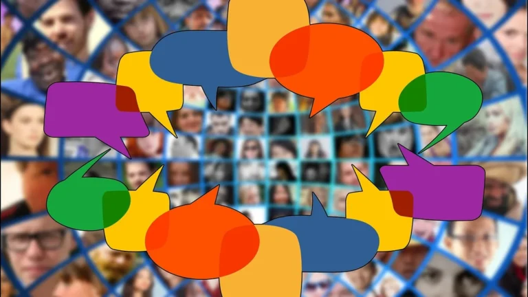 Colorful speech bubbles form a circle over a grid of blurry faces, symbolizing collective community voices and discussion.