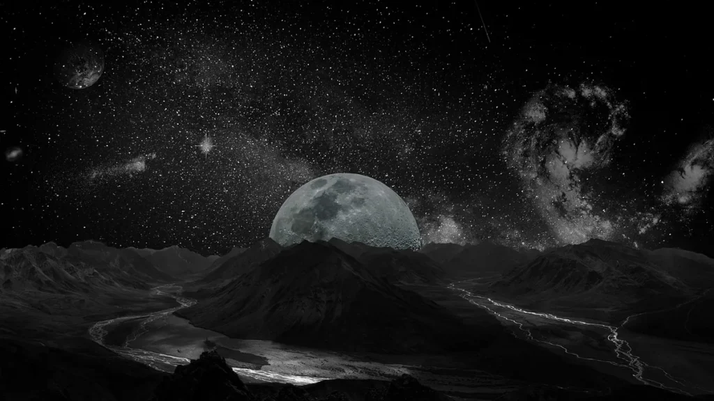Monochrome cosmic landscape with a giant moon rising over dark mountains under a starry sky.