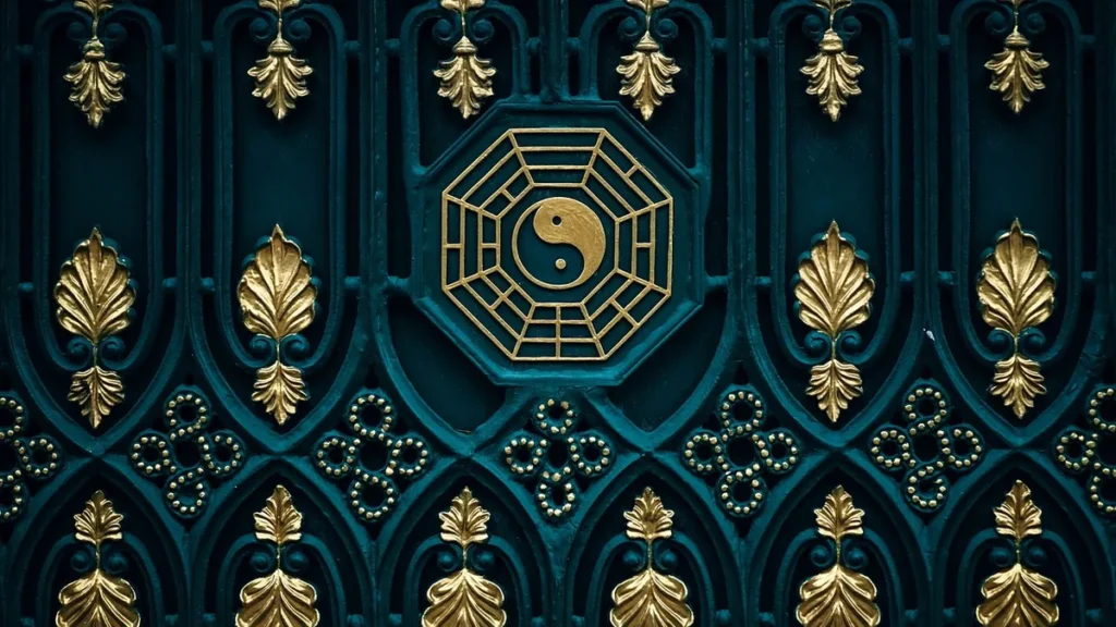 Golden Bagua and Yin-Yang symbol on an ornate dark teal gate with gold leaf decorations.