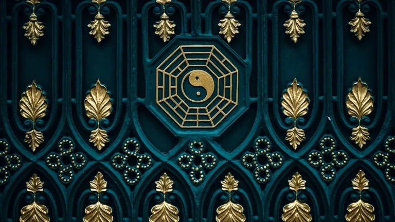 Golden Bagua and Yin-Yang symbol on an ornate dark teal gate with gold leaf decorations.