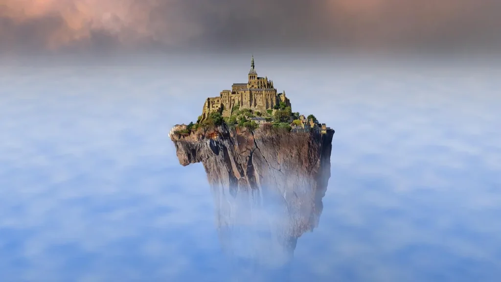A majestic castle sits atop a solitary floating island surrounded by a sea of clouds.