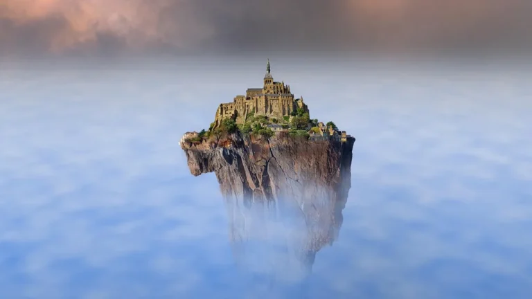 A majestic castle sits atop a solitary floating island surrounded by a sea of clouds.