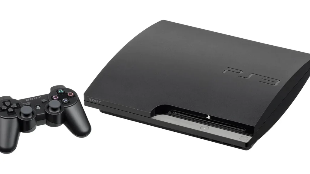 A black PlayStation 3 Slim console next to a DualShock 3 controller on a white background.