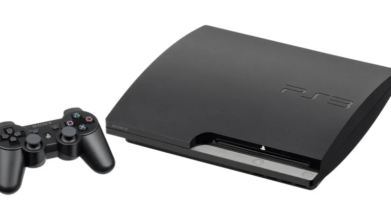 A black PlayStation 3 Slim console next to a DualShock 3 controller on a white background.