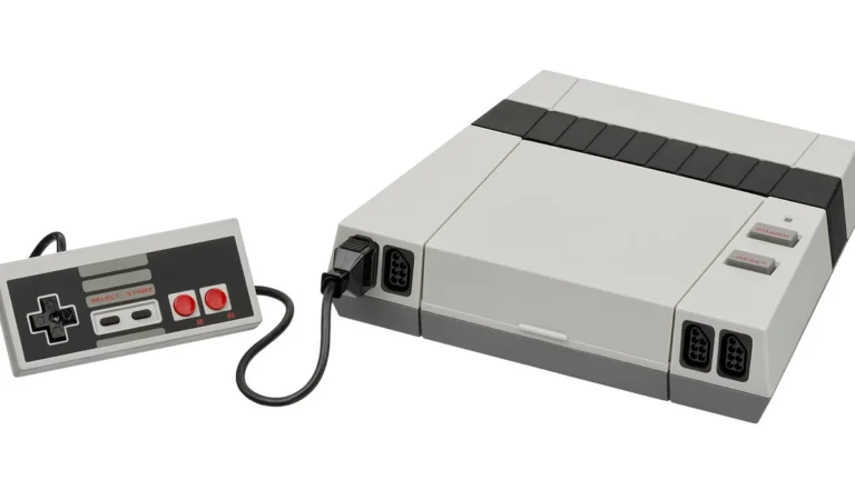 A classic Nintendo Entertainment System console and controller isolated on a clean white background.