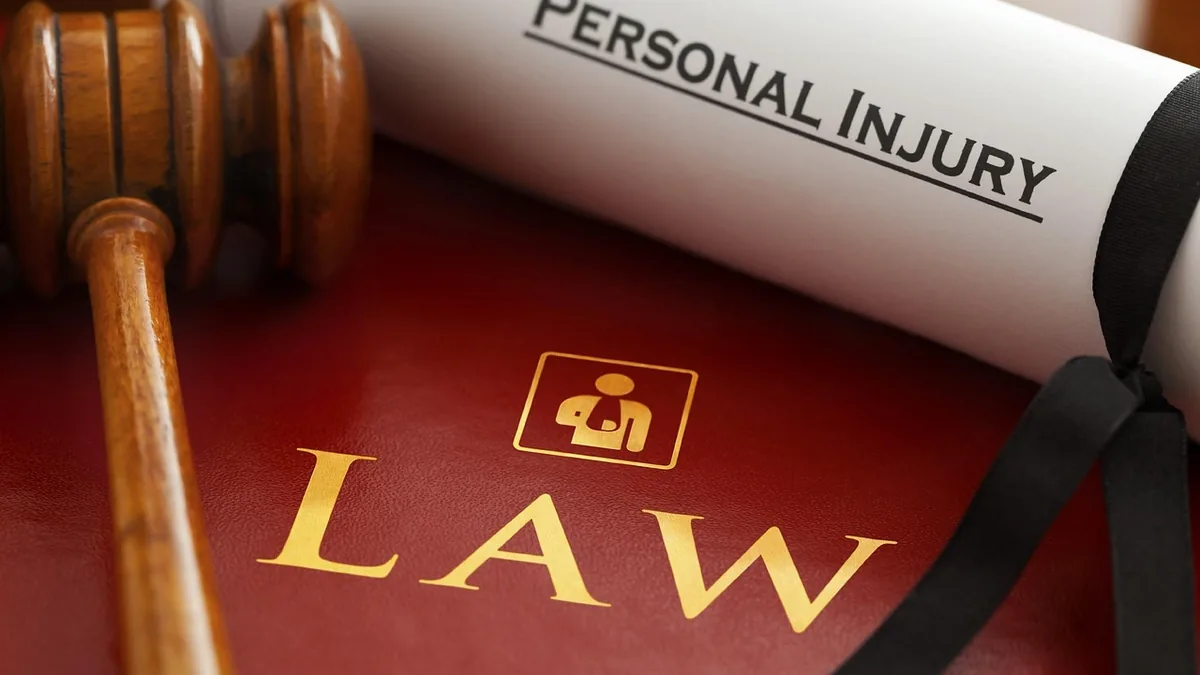 A wooden gavel rests on a red book with gold lettering spelling LAW, next to a scroll labeled PERSONAL INJURY.