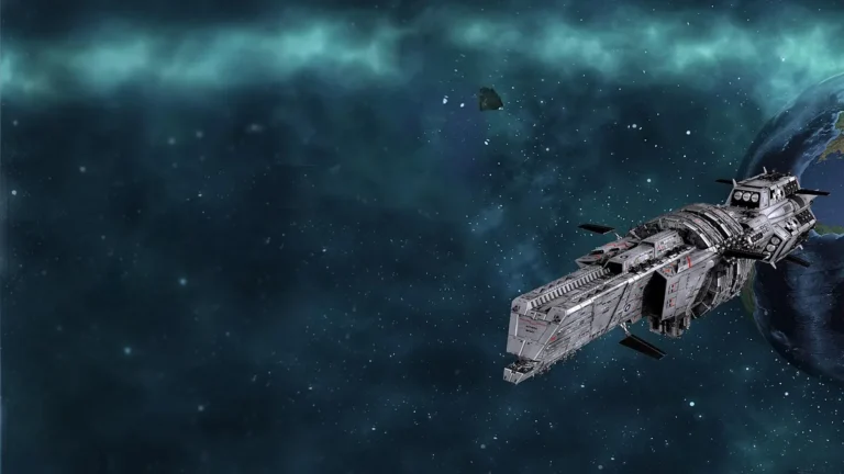 A large, detailed sci-fi battleship flies through a green nebula near a blue planet, dotted with stars.