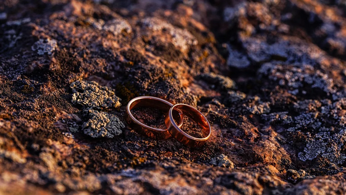 Two golden rings resting on a textured, lichen-covered rock surface bathed in warm, golden light.