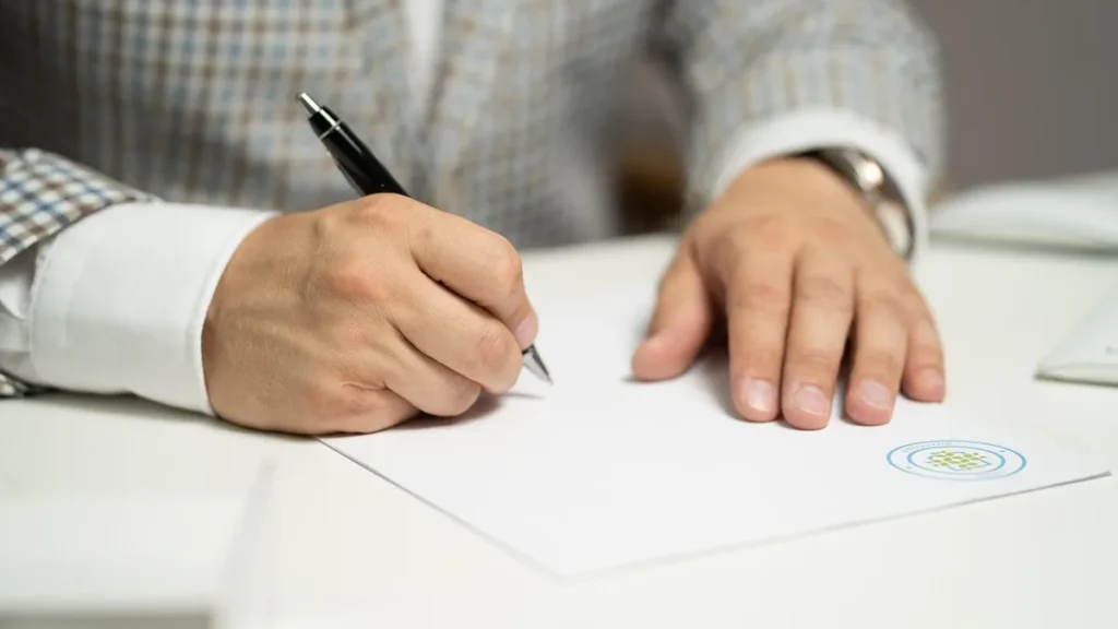 Hands of a person in a plaid shirt signing a white document with a circular logo stamp on a desk.