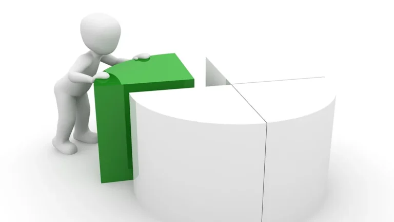 A white figure inserting a green segment into a white pie chart, symbolizing business growth and market segmentation.