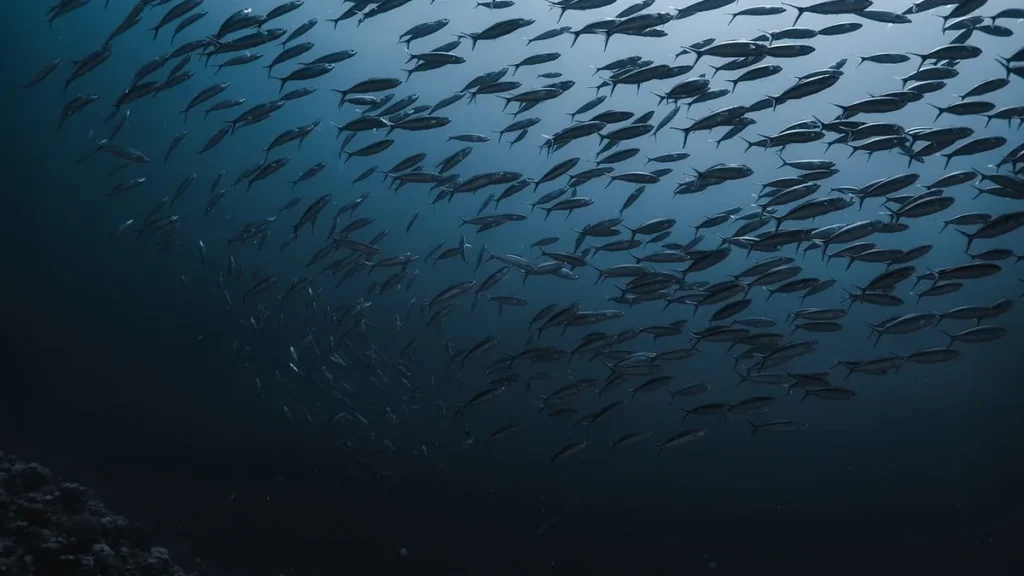 A large school of fish swims through the deep, dark blue ocean, capturing the mysterious underwater setting.