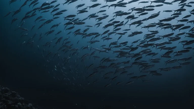 A large school of fish swims through the deep, dark blue ocean, capturing the mysterious underwater setting.