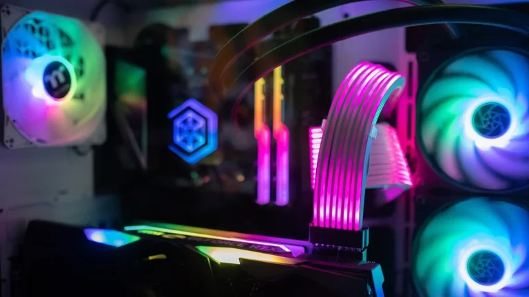 Close-up of a colorful RGB-lit gaming PC build with glowing fans and a graphics card.
