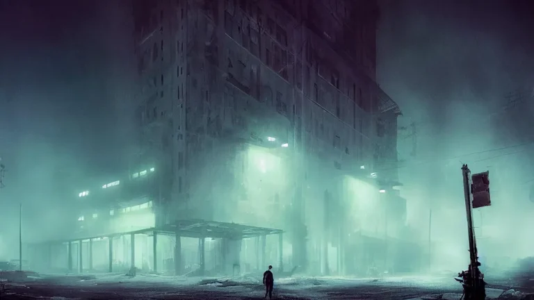 A lone figure stands in a foggy, green-tinted dystopian cityscape dominated by a massive, glowing shadowy tower.