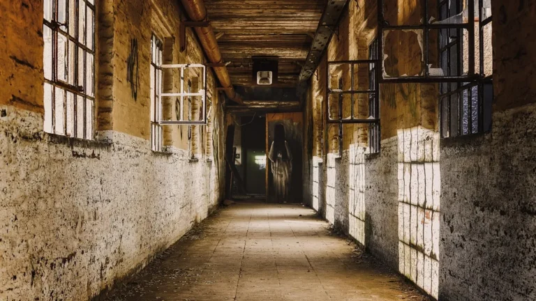 A ghostly figure stands in the shadows at the end of a decaying, sunlit prison-like corridor.