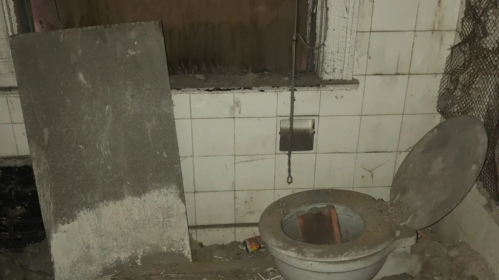 Derelict, dusty bathroom with a dirty toilet containing a brick, evoking a creepy horror atmosphere.