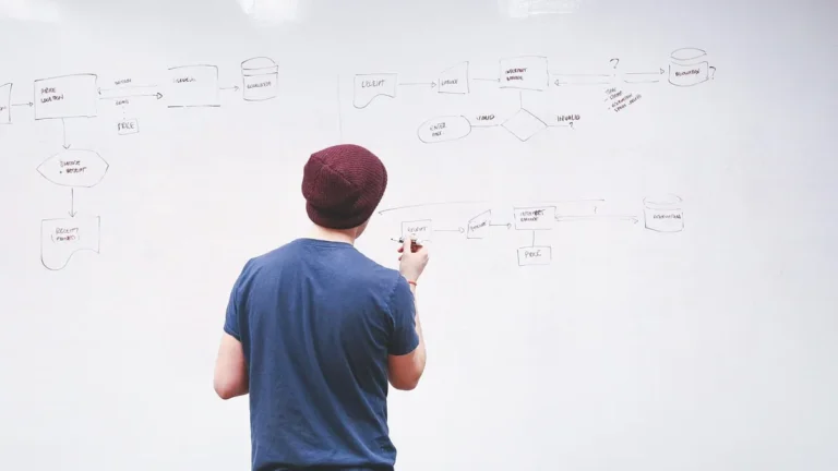 Man in blue shirt and red beanie drawing a technical flowchart on a large whiteboard.