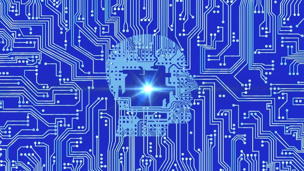 A blue circuit board pattern with a glowing human head silhouette representing artificial intelligence.