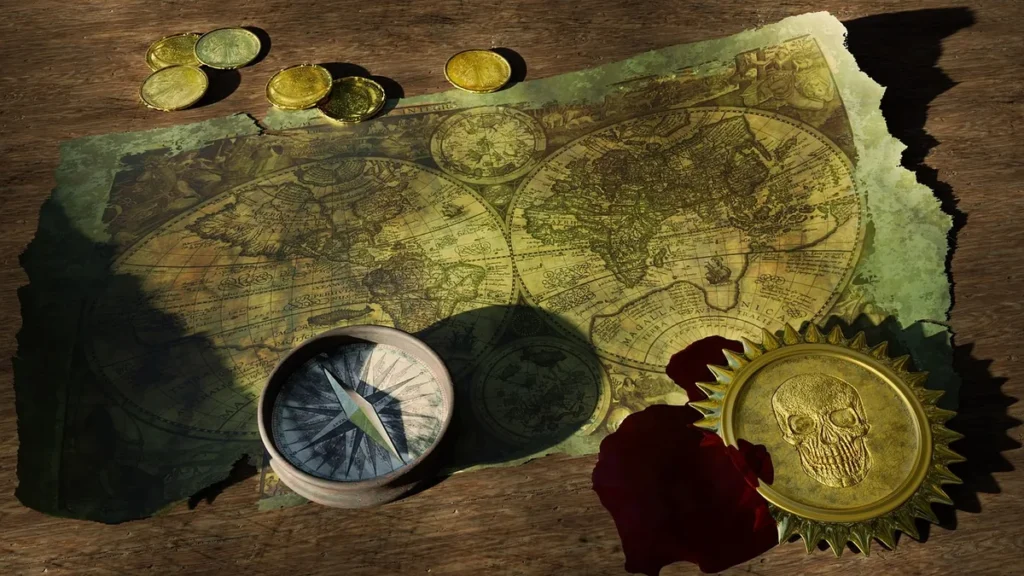 Treasure map with compass, gold coins, and a golden skull medallion on a rustic wooden surface.