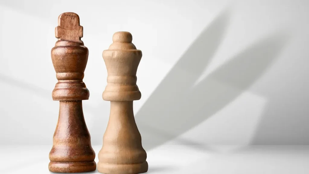A dark brown wooden king and light wooden queen chess piece stand side-by-side on a clean white surface with soft shadows.
