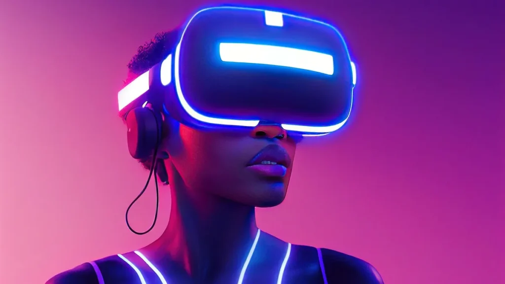 A person wearing a glowing blue VR headset against a vibrant purple background.