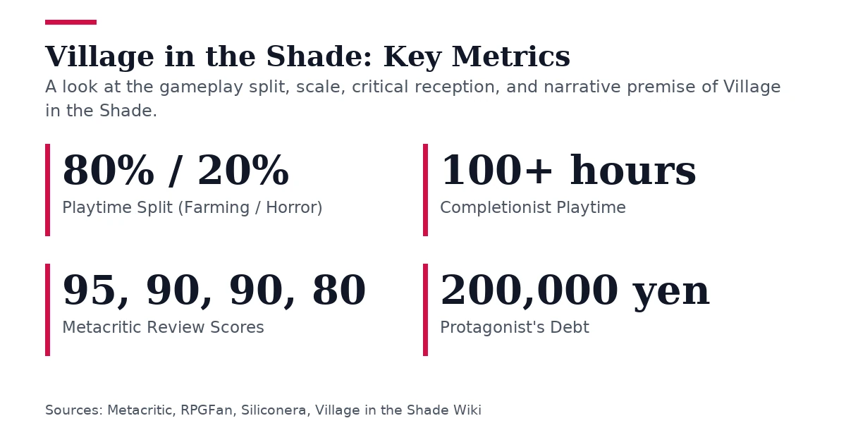Key figures, Village in the Shade: Key Metrics. Playtime Split (Farming / Horror): 80% / 20%; Completionist Playtime: 100+ hours; Metacritic Review Scores: 95, 90, 90, 80; Protagonist's Debt: 200,000 yen.