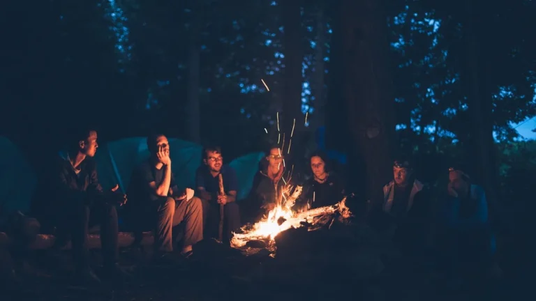 Group of friends sitting around a glowing campfire in a dark forest at night.