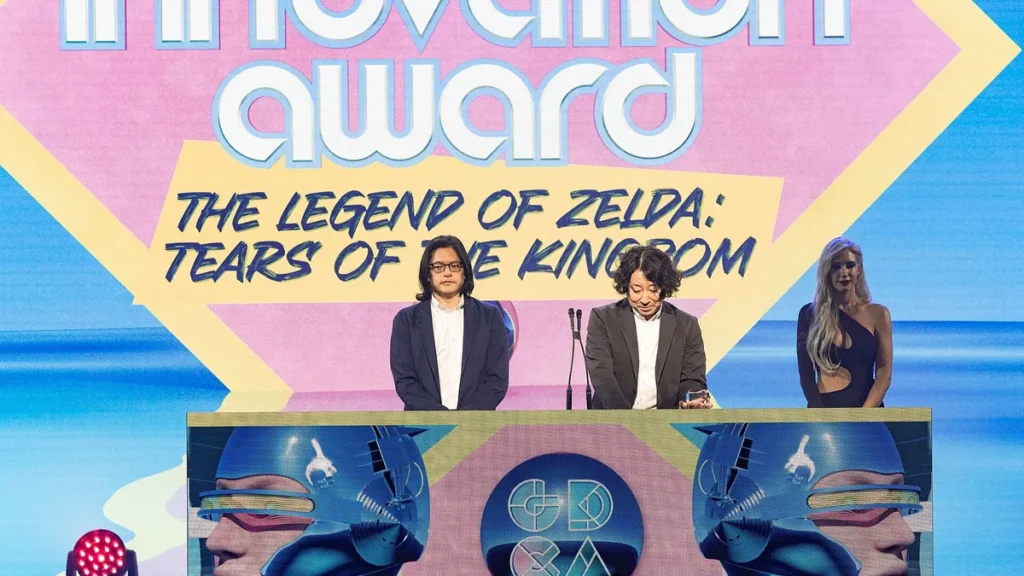 Developers on stage at GDCA receiving innovation award for The Legend of Zelda: Tears of the Kingdom.