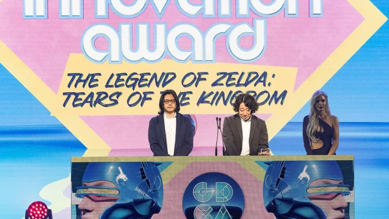 Developers on stage at GDCA receiving innovation award for The Legend of Zelda: Tears of the Kingdom.