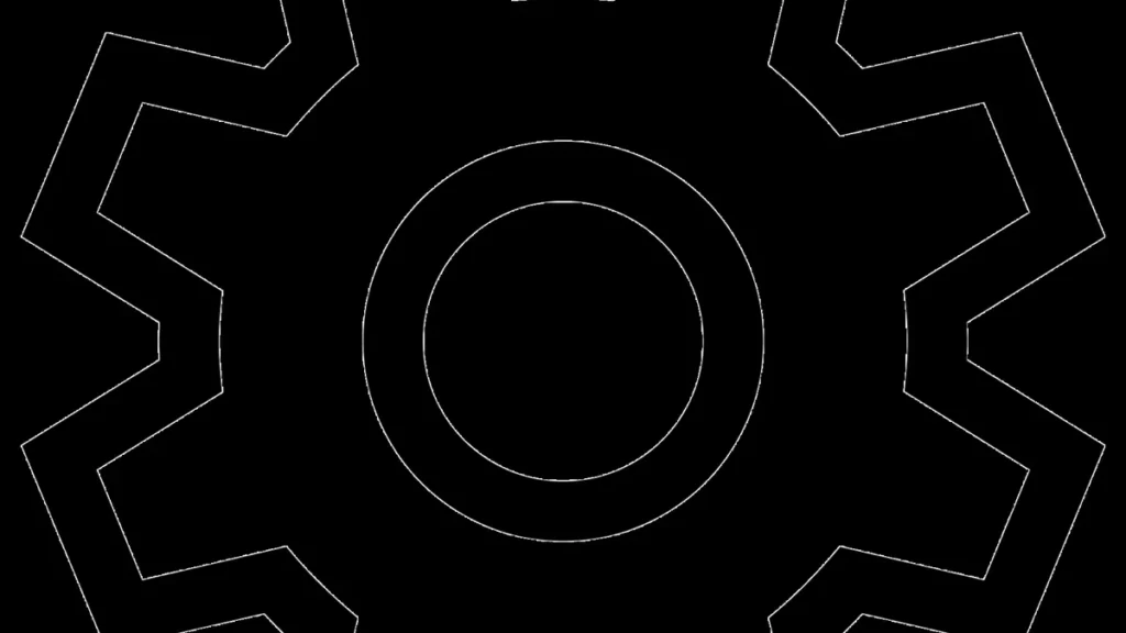 Minimalist white outline of a gear cog on a black background, representing system settings and technology.