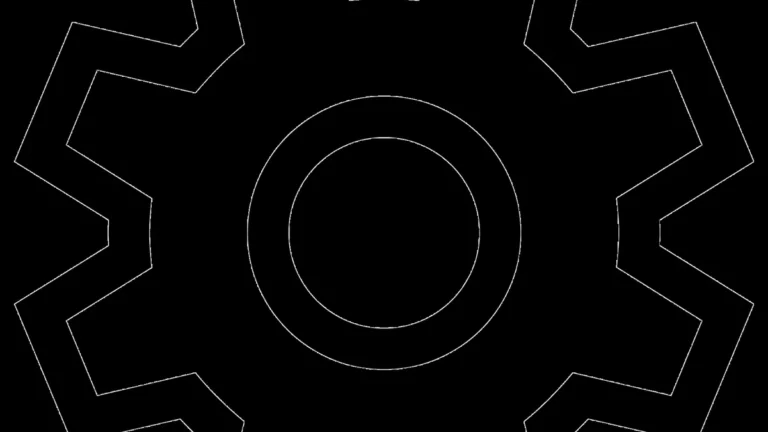Minimalist white outline of a gear cog on a black background, representing system settings and technology.