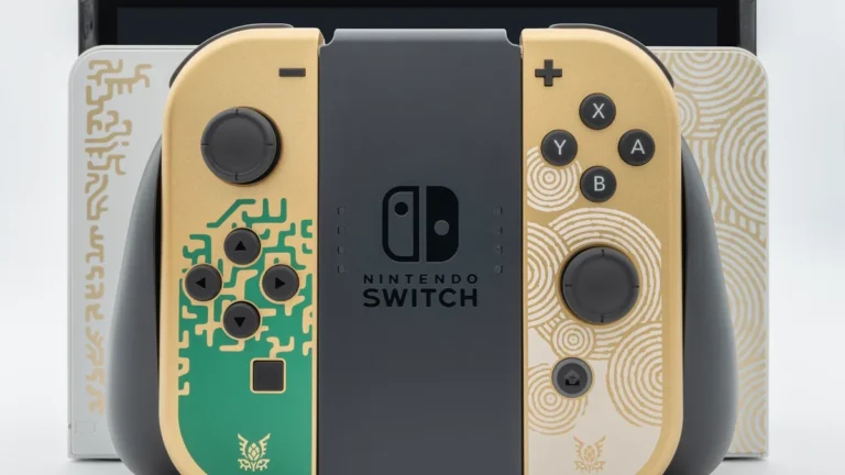 Zelda-themed gold and green Nintendo Switch Joy-Con controllers with royal crests.