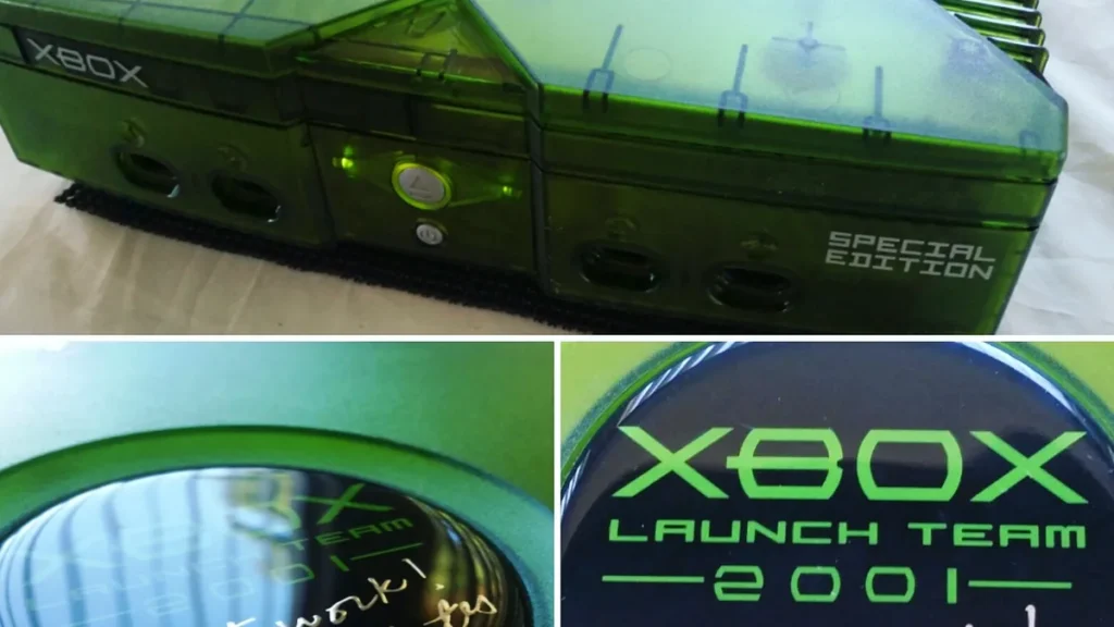 Green translucent original Xbox Special Edition console with 'Xbox Launch Team 2001' logo close-ups.