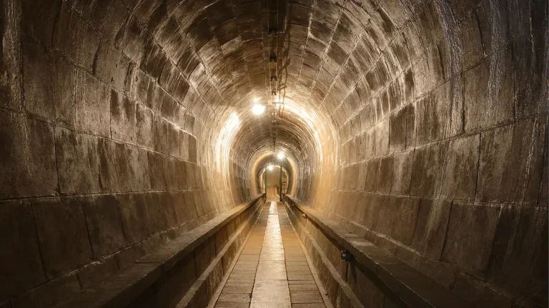 A dark, atmospheric arched stone tunnel with a pathway illuminated by overhead lights.