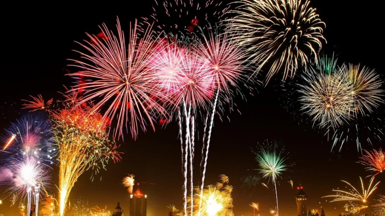 Vibrant colorful fireworks bursting in a dark night sky over a city skyline silhouette.